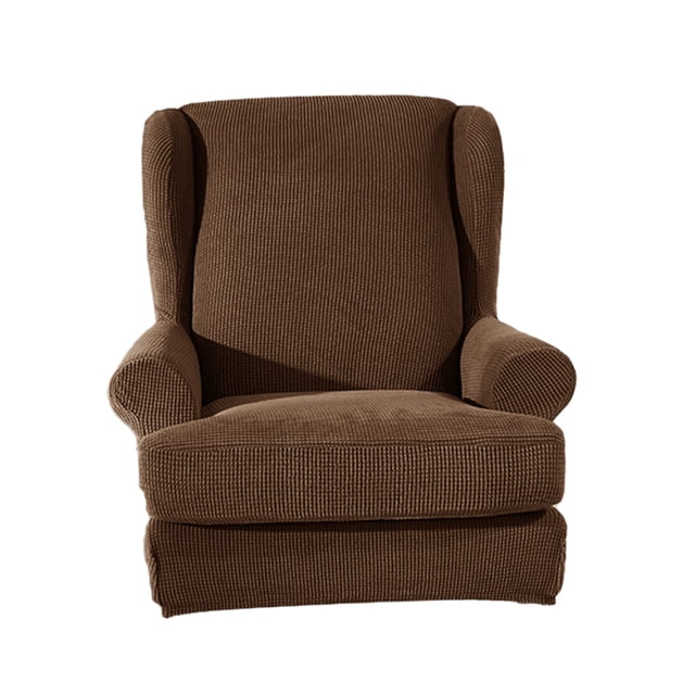 2pcs Soft Elastic Wing Back Sofa Cover Arm Chair Anti-slip Slipcover Solid Color Brown
