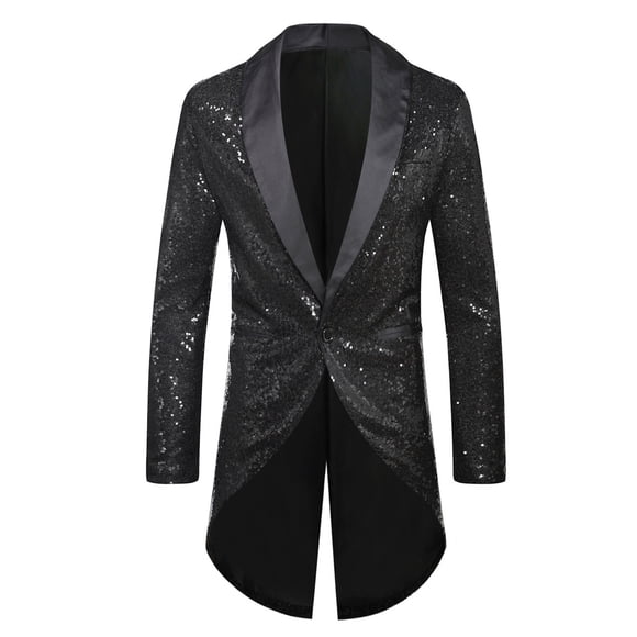 cllios Veste de Smoking à Paillettes pour Homme Queue-de-Pie Coupe Ajustée Queue-de-Pie Robe Blazer Queue d'Hirondelle Souper Fête Mariage Blazer une Bouton Veste de Complet Noir P