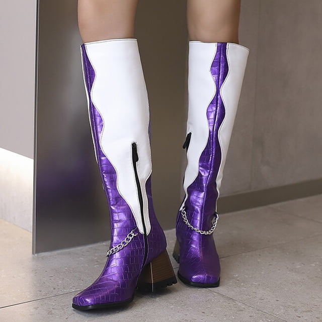 EGNMCR Knee High Boots Oversized Women's Fall/Winter Velvet Lining Color Matching Rectangle Toe Thick High Heels Long Chain Boots