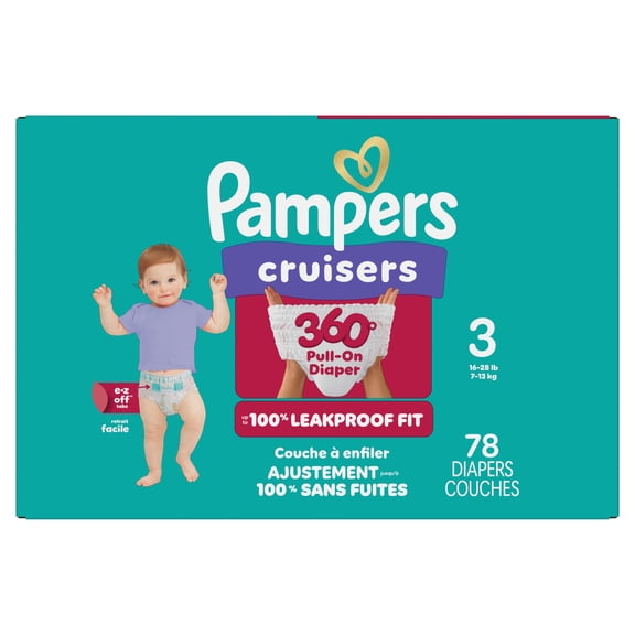 Pampers Diapers - Cruisers 360° - Size 3, up to 100% Leakproof Fit, Designed for Active Babies, Pull On Diaper, EZ Off Tabs Designed for Easy Changes
