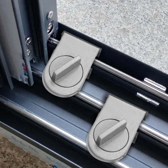 Child Safety Sliding Window Lock Fall Prevention Limiter Drill-Free Non-Permanent Anti-Theft Lock Buckle for Doors. The image shows two sandblasted iron locks with a rubber base, designed for sliding windows or doors. These locks feature a drill-free installation method, adjustable knob mechanism, and compatibility with sliding frames 15mm-30mm thick. Ideal for childproofing, secure ventilation, and anti-theft purposes.