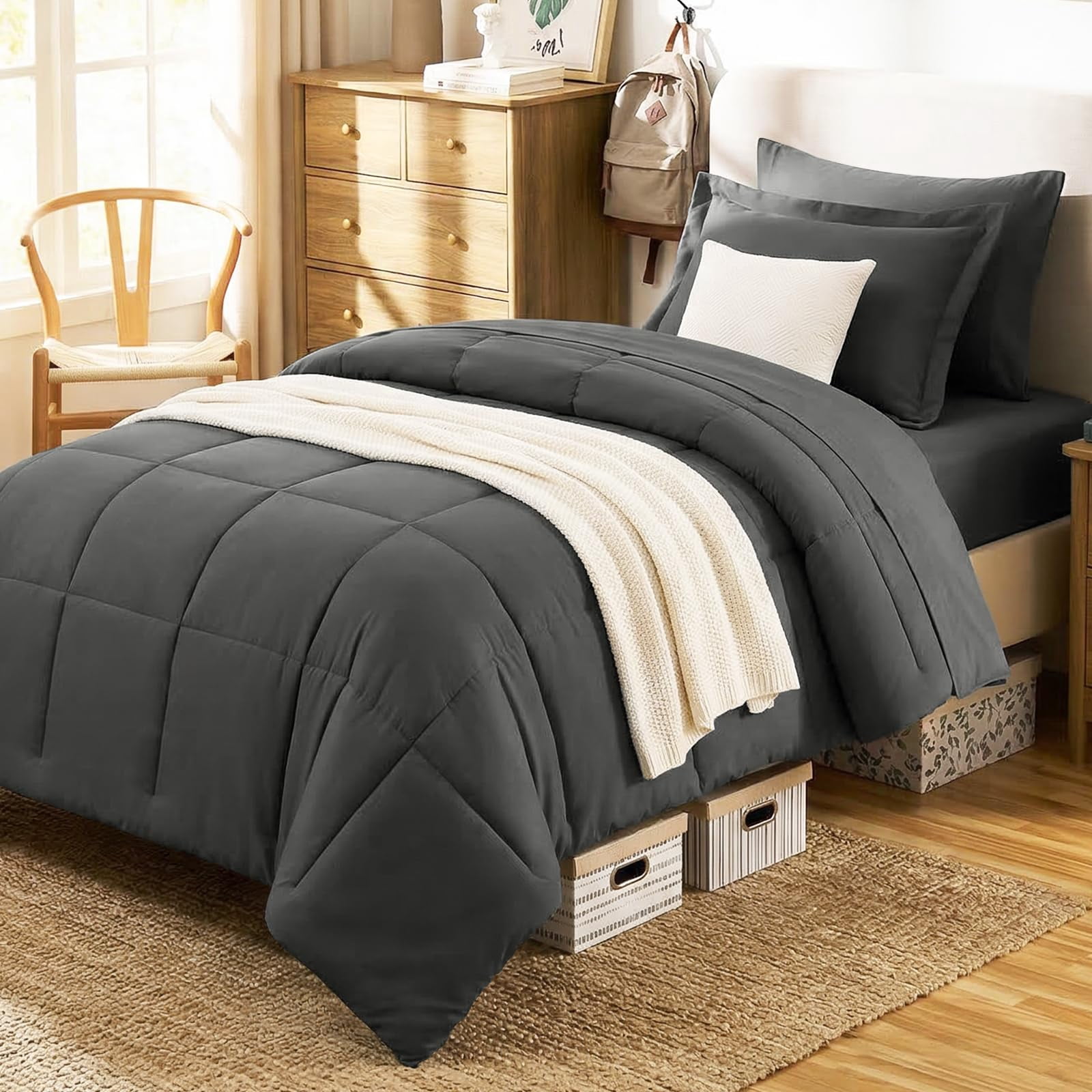 CozyLux Twin XL Comforter Set Dark Grey - 5 Pieces Twin XL Bed in a Bag Set Soft Bedding Sets Bed Set Extra Long for All Season with Comforter Flat Sheets Fitted Sheet Pillowcase &Pillow Sham
