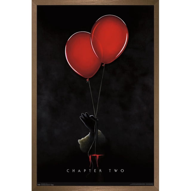 IT: Chapter 2 - Teaser One Sheet Wall Poster, 22.375" x 34" framed wall art featuring a centered black-gloved hand holding two vivid red balloons on thin strings against a dark smoky background, with 'IT Chapter Two' text below, suitable for bedroom, office, or party décor.