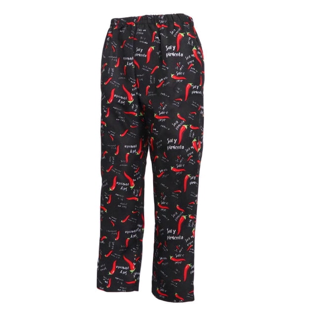 Chef's Uniform Kitchen Bottoms Food Service Pants with a chilli print design. These unisex workwear pants are made from a cotton blend material and feature a baggy style with an elastic and drawstring waist for comfort. Includes two inseam pockets. Suitable for both men and women, ideal for restaurant or kitchen use.
