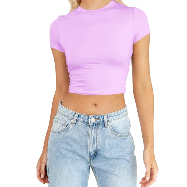 JIRNDf Hauts pour Femmes T-Shirts d'Été Tendance Mode Manches Courtes Mignon Court Basique Col Rond Coupe Ajustée Blouse pour Femmes Tunique Décontractée Hauts Argent P