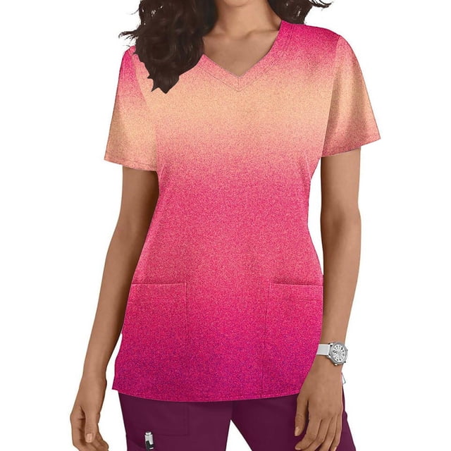 TIMIFIS Hot Pink Scrub Tops for Women Printing Medicals Scrub Tops Regular Nursing Uniform Tops Short Sleeve V Neck Working Tops with Pockets - Spring/Summer