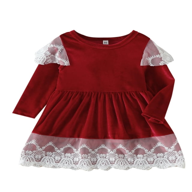 Kid Christmas Velvet Dress Long Sleeve Crew Neck Lace Patchwork Dress