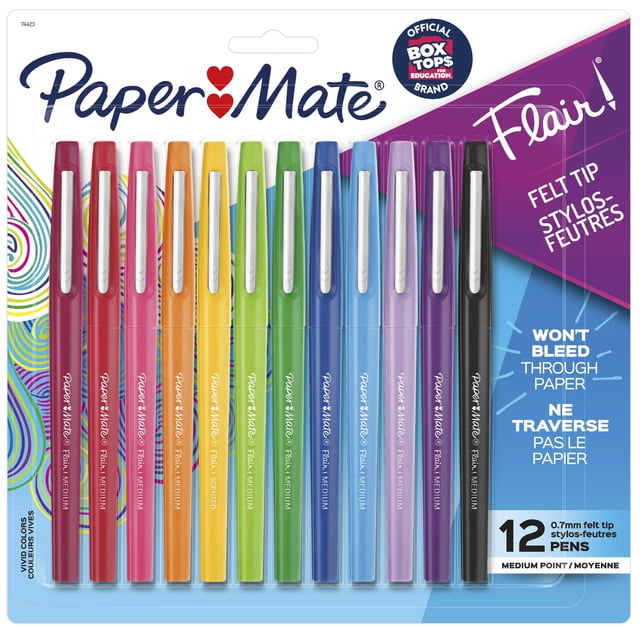 Paper Mate Flair Felt Tip Pens, Medium Point (0.7mm), Assorted Colors, 12 Count