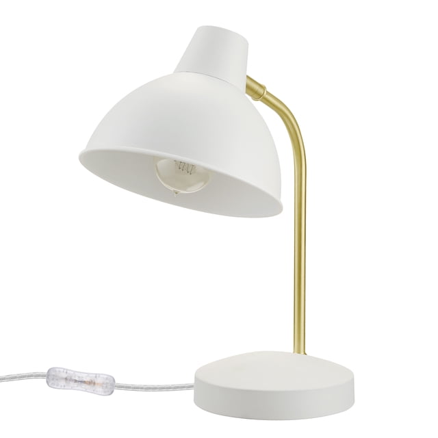 Globe Electric 15" matte white desk lamp with matte gold arm and pivoting shade, round base, and in-line rocker switch on the cord, ideal for task lighting in modern and contemporary living spaces or studies.