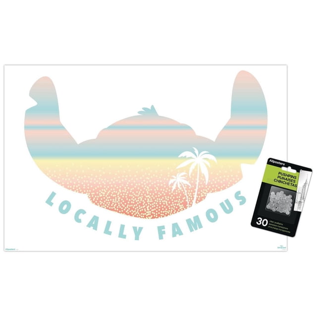 Disney Lilo and Stitch : Beach Vibes - Affiche Murale Célèbre Localement, 14,725 Po x 22,375 Po art Mural Encadré Présentant une silhouette de Stitch Stylisée avec des Rayures pastel Bleu, Jaune et Pêche, des Palmiers Blancs et un Texte « Célèbre Localement » sur Fond Blanc, Convient à la Déco de Chambre, Bureau Ou Dortoir.