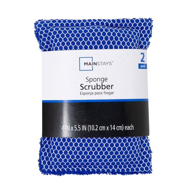 Mainstays 2 Pack Sponge Scrubbers with blue honeycomb-patterned 100% cotton outer shell, each measuring 4 by 5.5 inches (10.2 cm by 14 cm), suitable for kitchen cleaning tools and household supplies, providing durable and eco-friendly scrubbing.