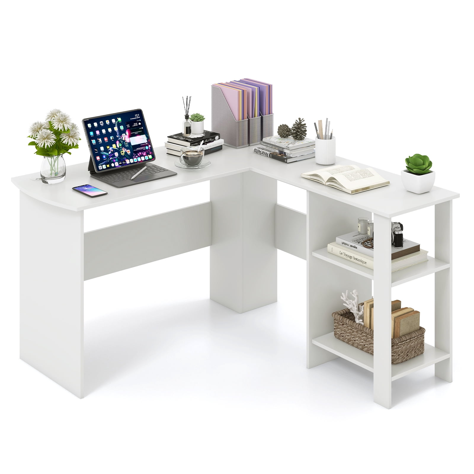Patiojoy Large L-shaped Computer Desk Modern Home Office Writing Desk Workstation with 2 Cable Holes & 2 Storage Shelves