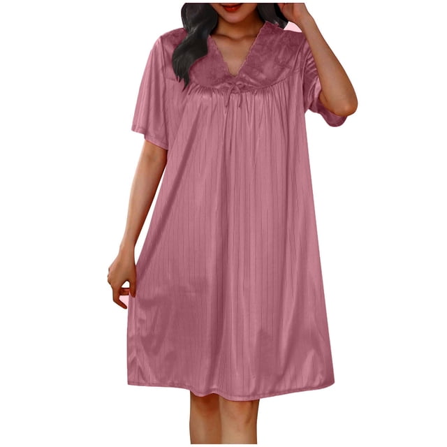 Timegard Robe de Nuit pour Femmes Col en V Manches Courtes Tenue d'Intérieur Décontractée Ample Confortable Robe de Maison Couleur Unie
