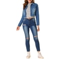 thumbnail image 2 of INSPIRE CHIC Veste en Denim Courte Délavée pour Femme à Col Rabattu, Effilochée, Boutonnée, Printemps Été, Bleu Foncé, TG, 2 of 6