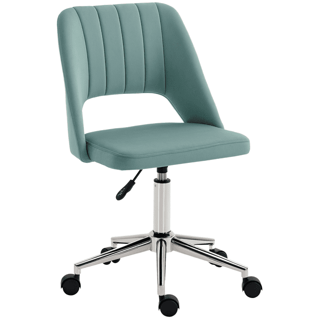 Vinsetto Armless Office Chair Swivel Computer Desk Chair in green, designed for ergonomic comfort with a scallop-shaped backrest, breathable hollow-back design, and soft velvet-touch fabric. Features include thick padding, adjustable seat height, swivel wheels, and a durable chrome base for easy mobility. Suitable for home office or bedroom use.