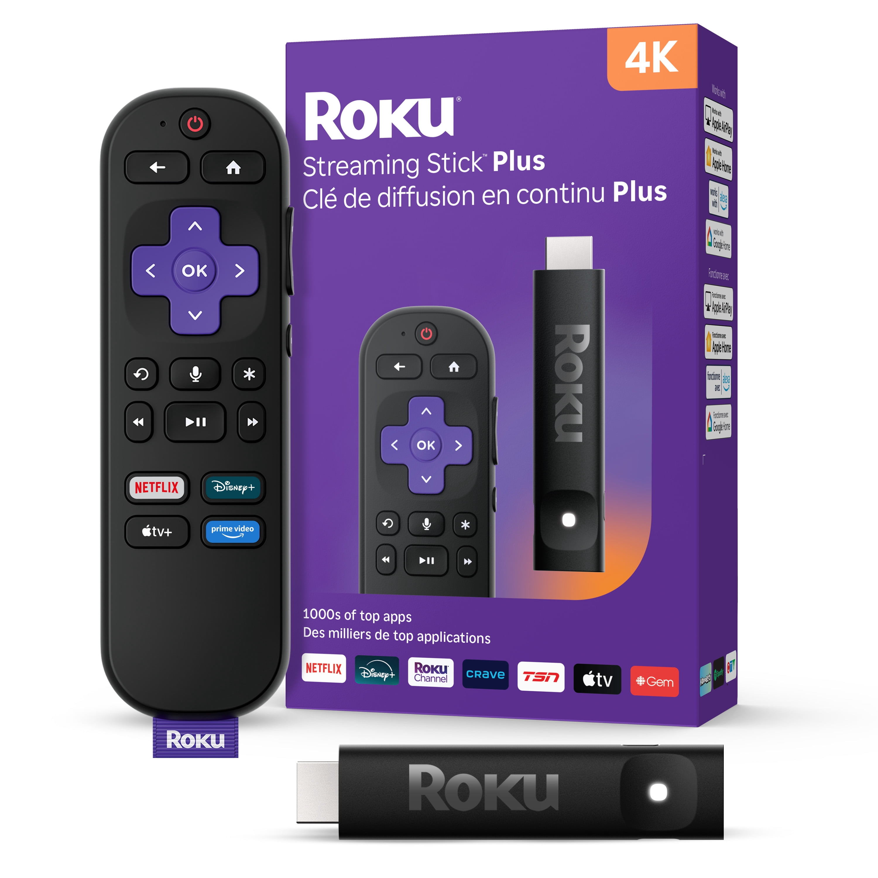 Roku® Streaming Stick Plus 2025 – Appareil de streaming Roku 4K et HDR pour TV avec télécommande vocale – TV gratuite et en direct