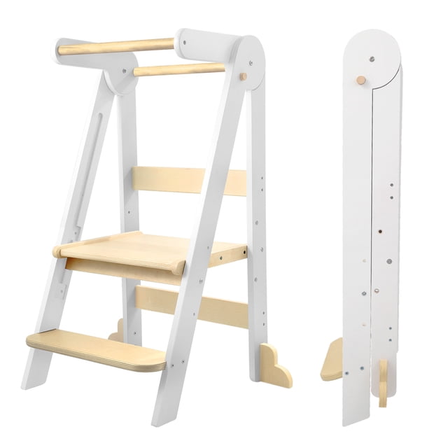 HARPPA Foldable Kitchen Step Stool for kids, Adjustable Height Toddler Standing Tower, White