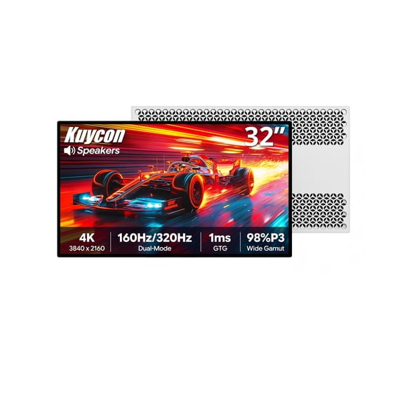 Kuycon P32T 32'' Glossy Gaming Monitor, Dual Mode Monitor 4K 160Hz 1K 320Hz, IPS Panel, Built-in Speakers, 10-Bit Colour, 99% sRGB, 98% DCI-P3, 139PPI, HDR, 1ms for Creator, Gamer, Work