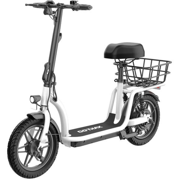 Gotrax Trottinette Électrique pour Adultes avec Siège, Moteur de Pointe 500W, Autonomie jusqu'à 40 km, Vitesse Maximale de 25–31 km/h, Pneus Pneumatiques de 14 Pouces, Double Suspension, Siège et Plateau Larges avec Panier de Transport, Blanc