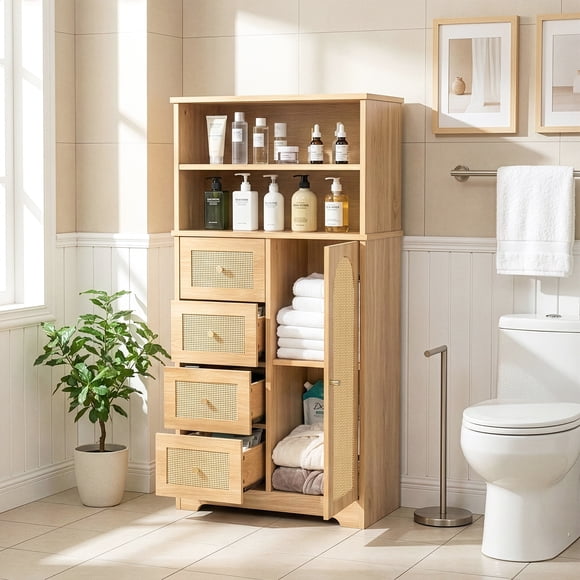 Ktaxon Bathroom Floor Cabinet with 4 Drawers 1 Cupboard & 2 Adjustable Shelves for Kitchen Living Room, Rattan