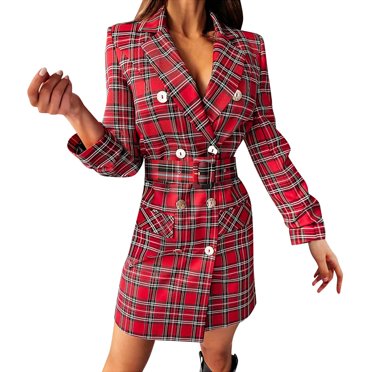 Robe Blazer Dames Manteau d'Hiver à Carreaux Manches Longues Élégant Double Boutonnage Robe Blazer avec Ceinture Ajustée Col en V Mini Robe d'Affaires avec Bouton Veste de Mode