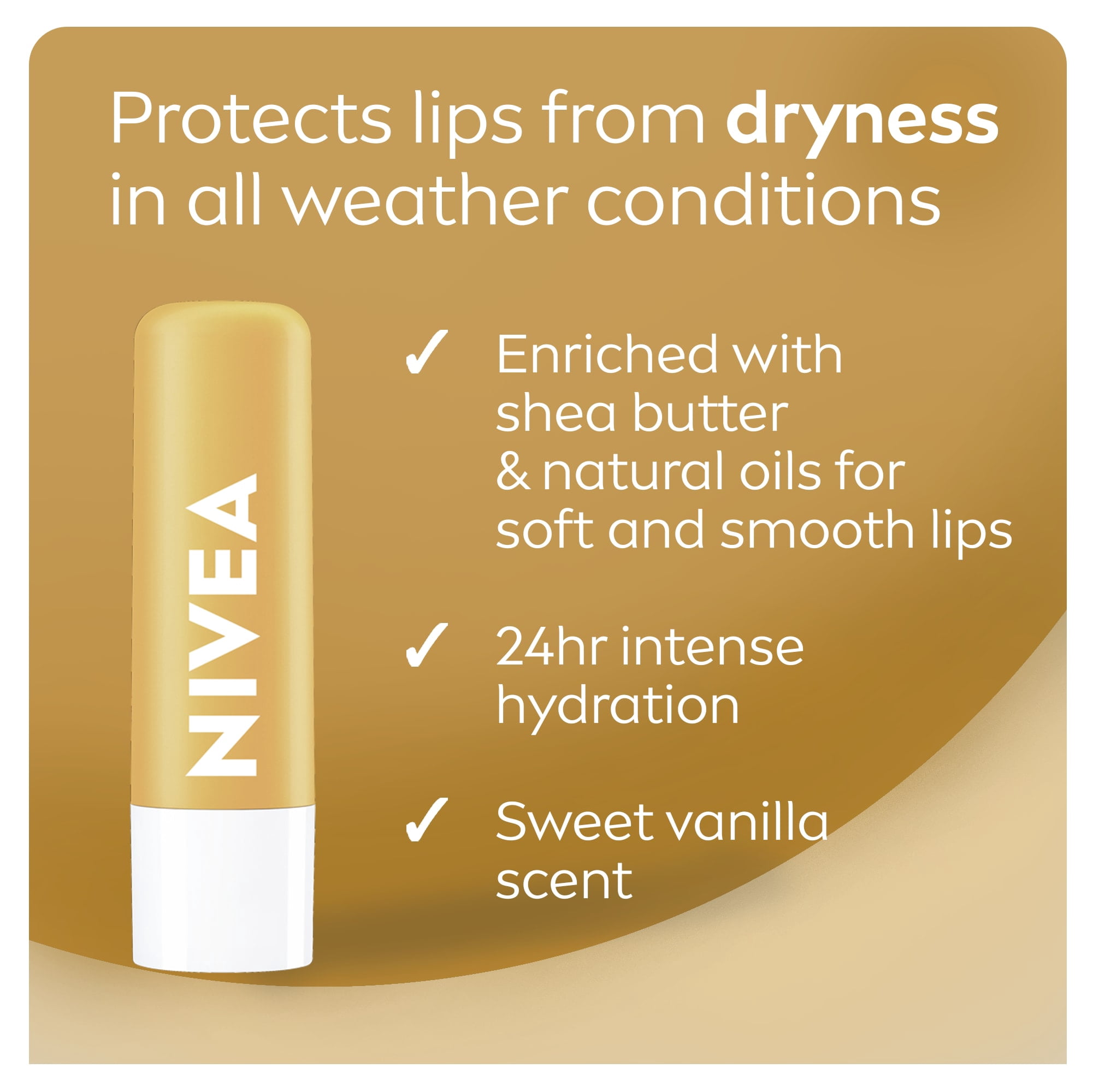 Baume à lèvres crème à la vanille de NIVEA, hydratation 24 heures, enrichi en beurre de karité et huiles naturelles, parfum vanille, (2 x 4,8 g)