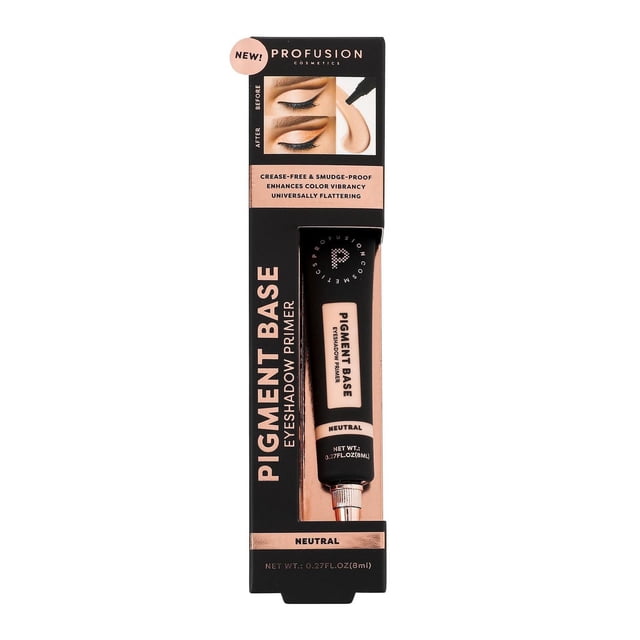 PROFUSION COSMETICS Pigment Base Eyeshadow Primer in neutral shade, packaged in black and rose gold box with an 8ml tube visible. The primer creates a crease-free, smudge-proof base that enhances eyeshadow color vibrancy and wear time, suitable for all skin tones, with before and after eye makeup images on the packaging.