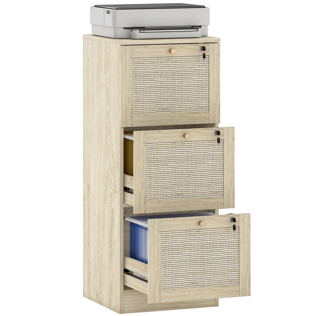 HOMCOM 3 Drawer File Cabinet Lockable Filing Cabinet for A4 Letter Oak