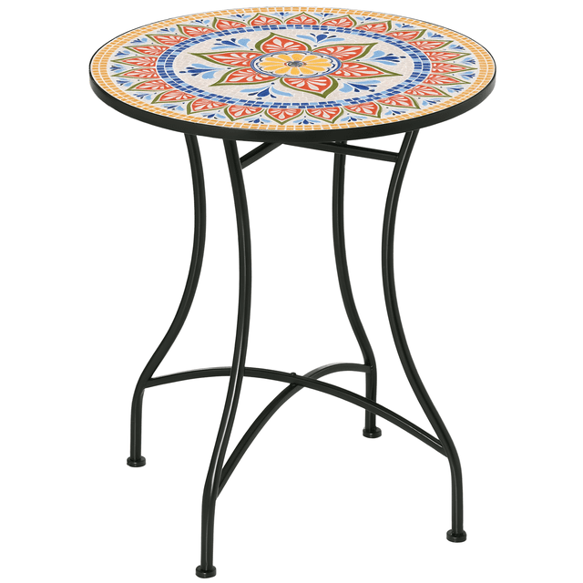Outsunny Mosaic Table, Round Patio Table for Garden, Red. This outdoor side table features a round ceramic mosaic tabletop with intricate red, blue, and white patterns, supported by a sturdy black powder-coated metal frame. Compact and lightweight, it is suitable for outdoor dining or relaxing in gardens, patios, or balconies. Dimensions: 23.6 inches in diameter and 28 inches in height. Weight capacity: 110 lbs.