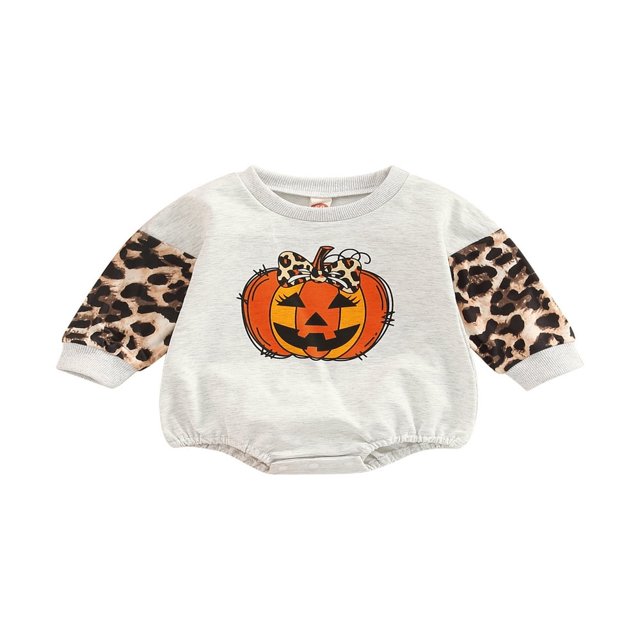 CNKOO Infant Baby Girls Halloween Romper Pumpkin Leopard Print Long Sleeve Jumpsuits Spring Autumn Neck Bodysuits