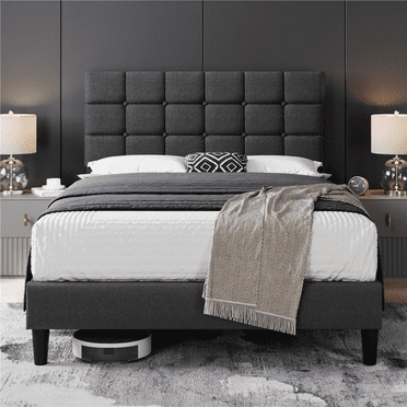 FullFurnique Upholstered Platform Bed Frame with Square Tufted Headboard, Full, Dark Gray