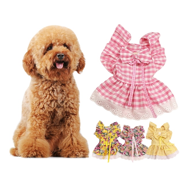 Trayknick 1 Ensemble Pet Princesse Robe Patchwork Accrocheur Comfortable Doux Col Carré Robe jusqu'à Manches à Volants Plaid Impression Chiot Chien Jupe Animal de Compagnie Bowknot Collier Animaux de Compagnie Fournitures Rose Chaud