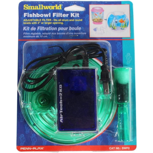 Penn Plax Fish Bowl Filter And Pump Kit with blue Air-Tech 2 KO air pump, black power cord, green coiled tubing, and green air stone, packaged on a blue and red card labeled Smallworld Fishbowl Filter Kit, designed for round fishbowls with 4-inch or larger openings to support water filtration and aeration.