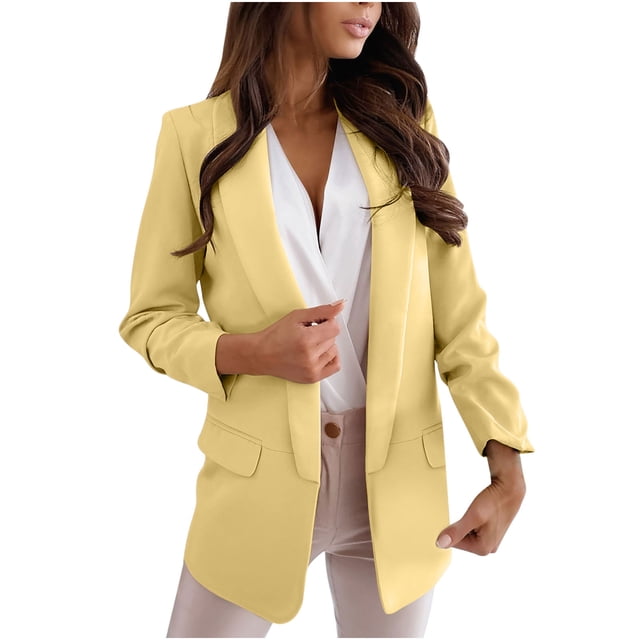 Veste à Col Rabattu Unie pour Femmes Dames Manteau à Manches Longues Vêtement d'Extérieur Blazer Jaune TG