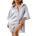 thumbnail image 2 of Chemise de Nuit en Satin pour Femme, Boutonnée, Col en V, Robe de Sommeil, Bleu, G, 2 of 7