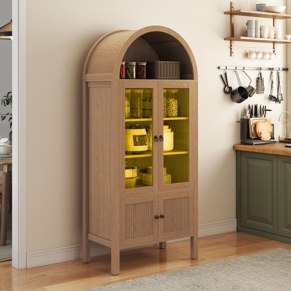 DEXTRUS LED Arched Storage Display Cabinet with Glass Doors, Kitchen Pantry Cabinet,Natural