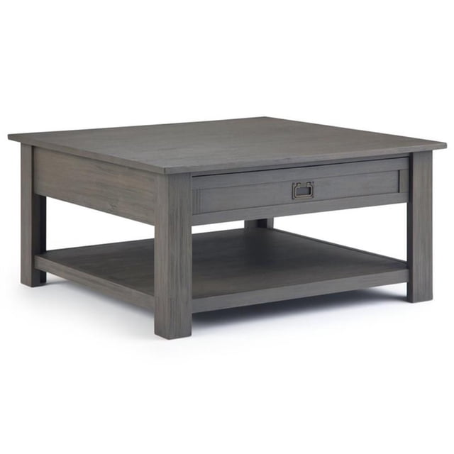 Simpli Home Monroe Solid Acacia Wood Coffee Table with Two Drawers and Open Storage, Farmhouse Gray