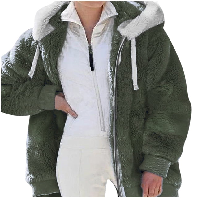 CEHVOM Women Plus Size Winter Warm Loose Plush Zip Hooded Jacket Coat