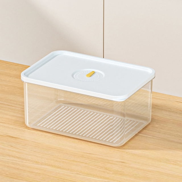 Freezer Containers TASTAN 5-Piece Stackable Food Storage Containers with a transparent plastic body, white airtight lid, and yellow handle. BPA-free and durable, these containers are ideal for freezer and fridge use, meal prep, and kitchen organization. Often used for storing spices, toiletries, or small items in other rooms.