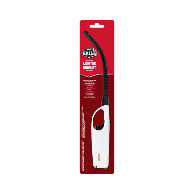 Expert Grill Flexible-Neck Butane Utility Lighter for BBQ with a white ergonomic handle and black flexible neck on red packaging, designed for safely lighting grills, fireplaces, candles, and fire pits with adjustable flame and extended reach.