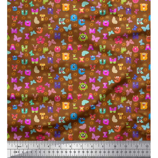 Soimoi Brown Cotton Cambric Fabric Insect,Sun & Cartoon Alphabets Text Print Fabric by The Yard 56 Inch Wide