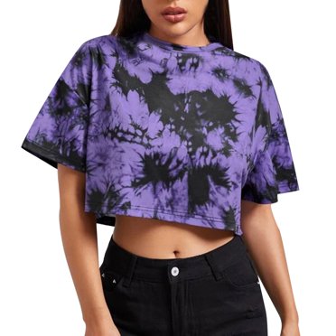 HOT SALE!!Women's Casual Loose Short Sleeve Tie Dye Printed Crop Top T-Shirt Ladies Blouses Round Neck T Shirts Tie Dye Trendy Printed Tee Comfy Clothes Casual Shirt Tops Purple Xxl