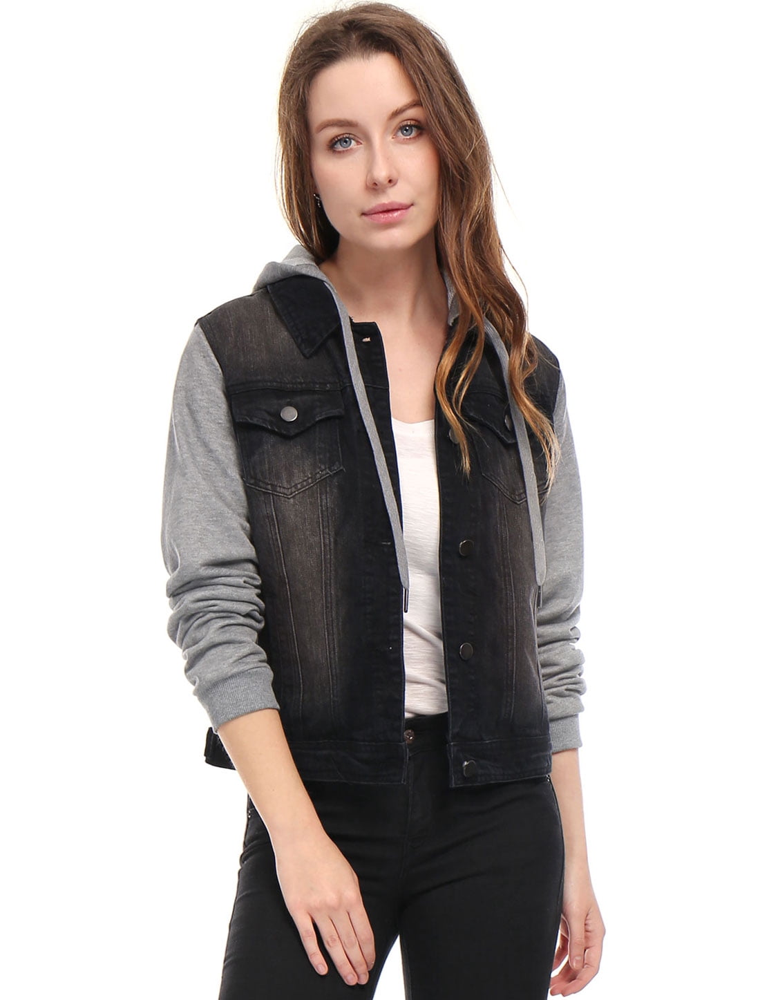 INSPIRE CHIC Veste en Denim à Capuche à Cordon Superposée pour Femmes avec Poches