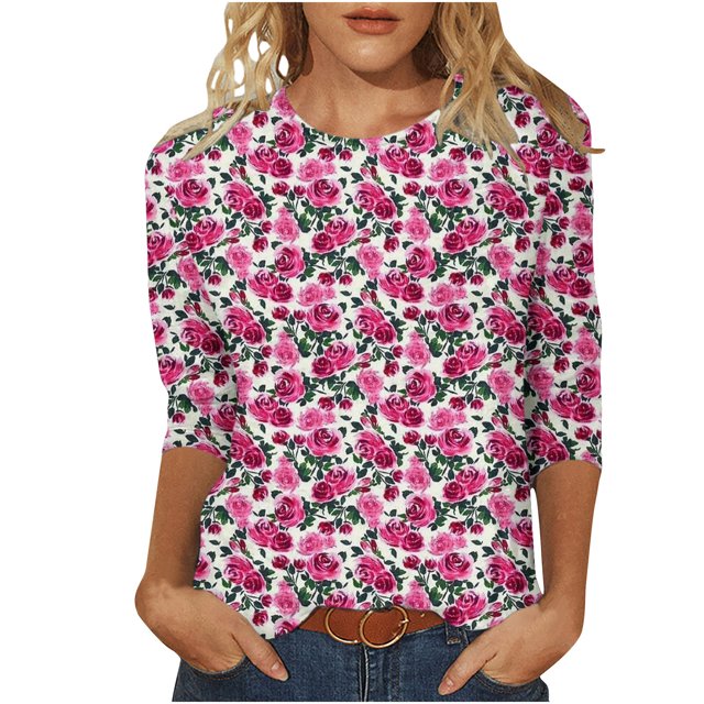 Hauts pour Femmes Décontractés Imprimés Col Rond Manches 3/4 T-Shirt Ample, Hauts Manches 3/4 pour Femmes, Hauts Décontractés pour Femmes, T-Shirts pour Femmes