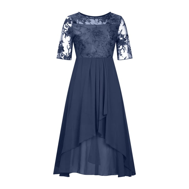 EGNMCR Robes d'Invitée de Mariage pour Femmes Unies à Manches Mi-Longues, Col Rond, Dentelle, Mousseline, Maille, Taille, Robe Midi de Fête