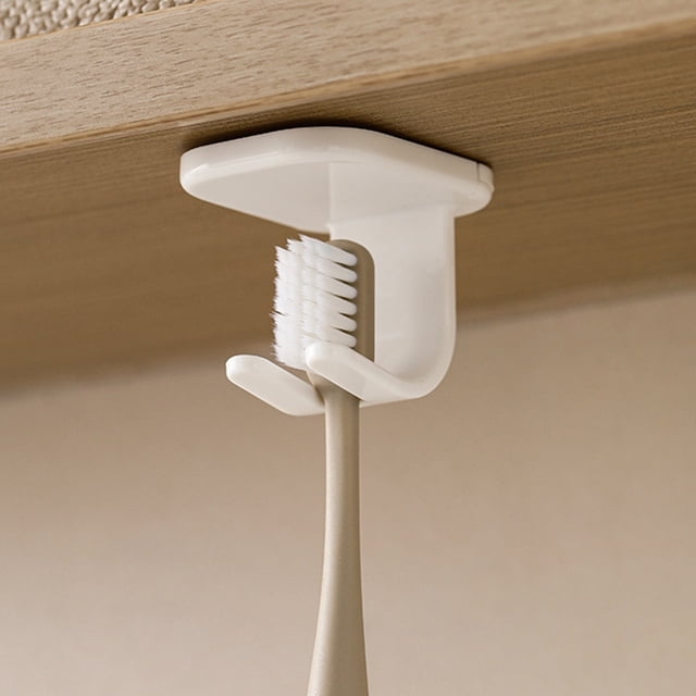 Adhesive Toothbrush Holder Hook, Inverted Hanging Storage, No Drill Space Saver, 10° Angle Anti-Drop Design, Hygienic Ventilated Mount