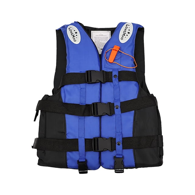LSLJS Adults Life Jacket Aid Kayak Ski Buoyancy Fishing Watersport, Buoyancy Life Jacket in a vibrant blue color with black accents. The jacket features three adjustable black buckle straps for a secure fit and a bright orange safety whistle attached to the front. Made from durable 300D polyester oxford cloth with EPE buoyancy material, it provides over 7.5kg of buoyancy. Designed for activities like kayaking, fishing, boating, and skiing, it is lightweight, breathable, and easy to wear. Suitable for adults, available in multiple sizes.