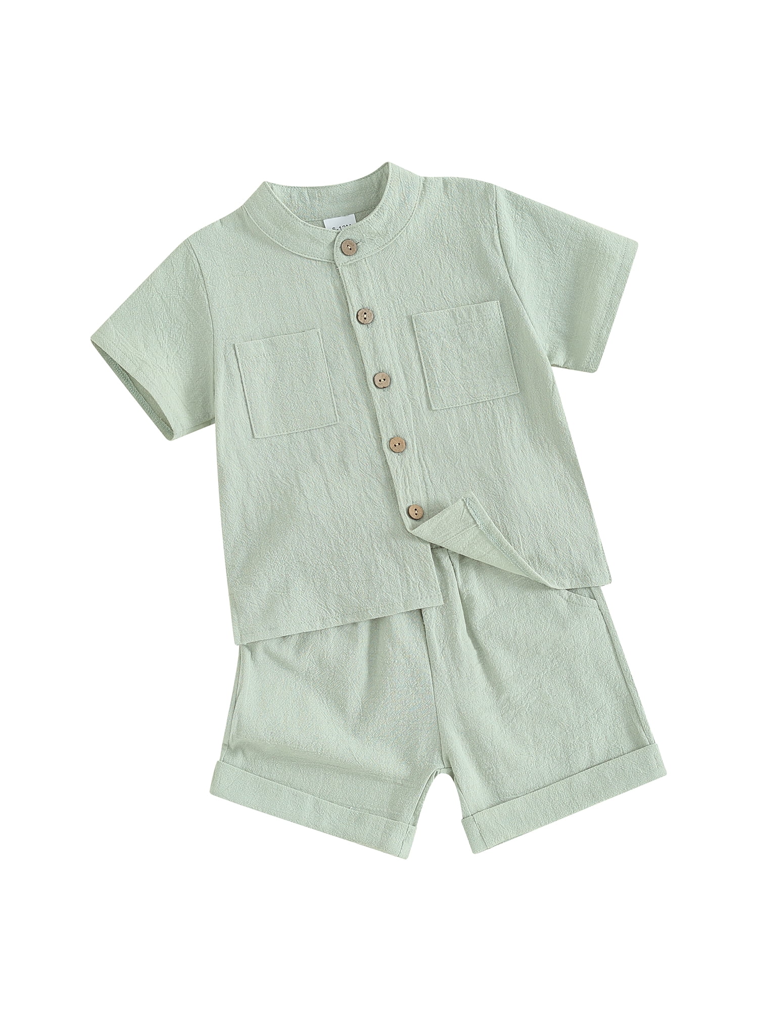 Gupgi Boys Summer Cotton Outfits Kids Solid Color Buttons Short Sleeve Tops Elastic Waist Shorts, 2Pcs Set