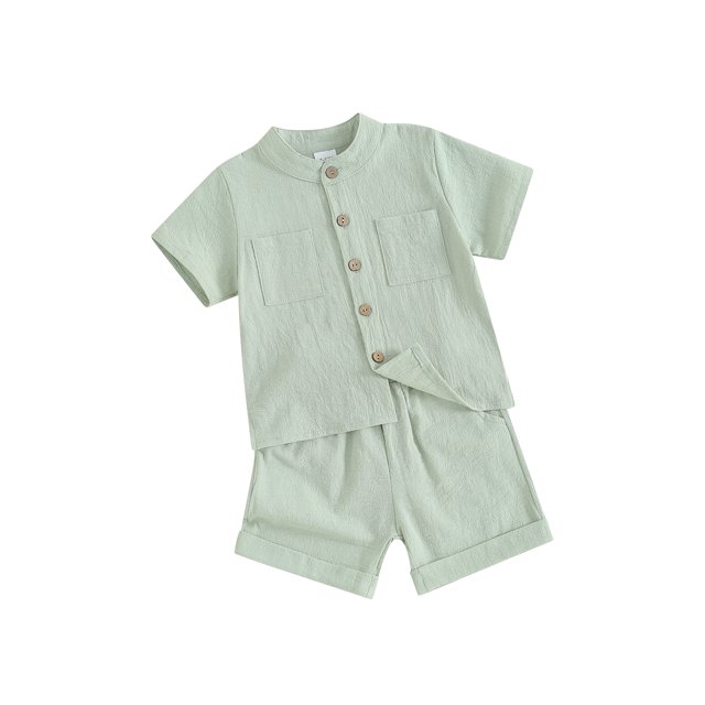 Gupgi Boys Summer Cotton Outfits Kids Solid Color Buttons Short Sleeve Tops Elastic Waist Shorts, 2Pcs Set