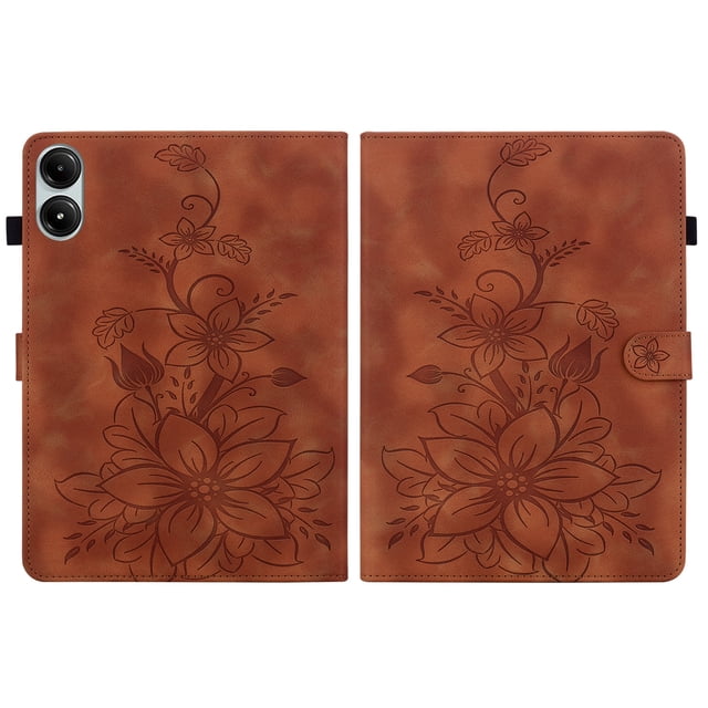 XYX Tablet Case for Redmi Pad Pro 12.1 inch 2024 Released, Lily Flower Pattern PU Leather Multiple Viewing Angles Stand Slim Folio Tablet Cover (Brown)